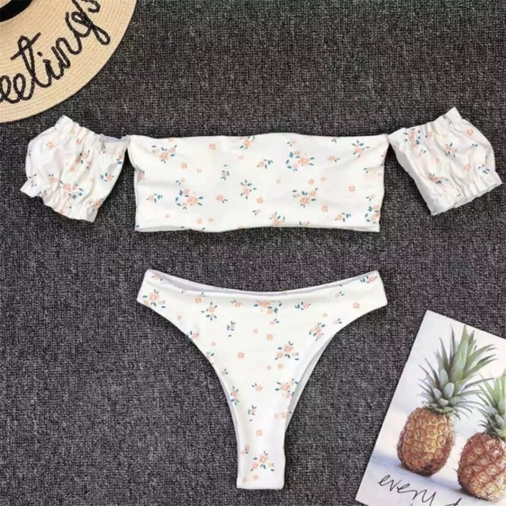 Ivory Boho Off Shoulder Bandeau High Waist Bikini Swimsuit - Picture 6 of 7
